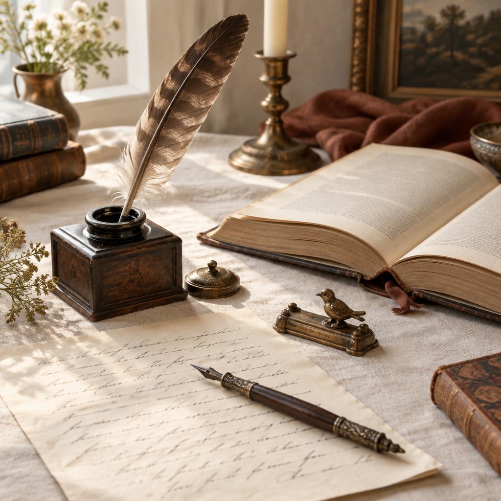 Feather quill dipped in an ink pot beside calligraphy and an open book