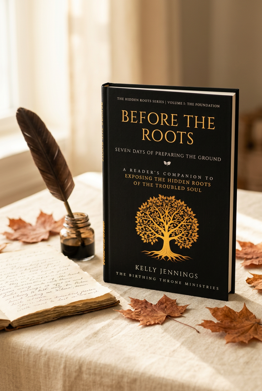 Before the Roots: Seven Days of Preparing the Ground — hardcover Companion book on a linen table with a quill, ink jar, and autumn leaves